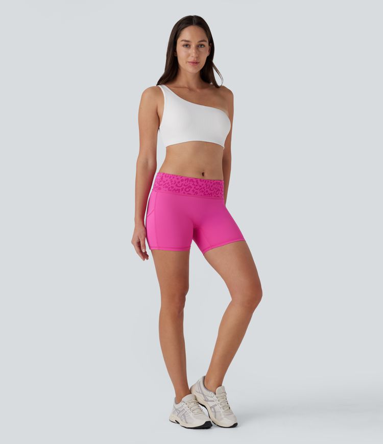 SoftlyZero™ QuickDry Foldover Super High Waisted Leopard Print Camo Pocket Yoga Biker Shorts 5''