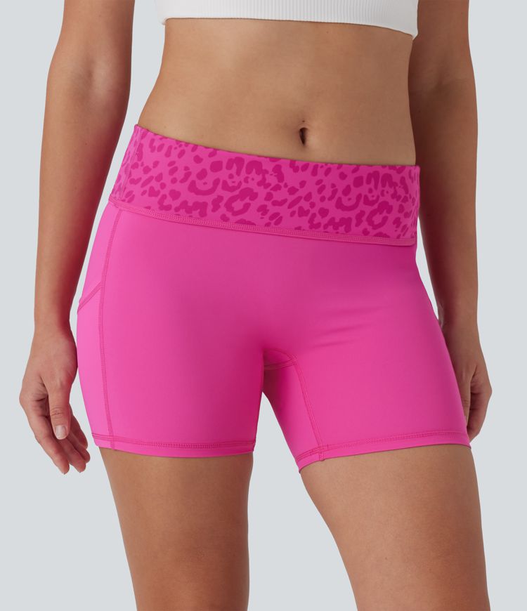 SoftlyZero™ QuickDry Foldover Super High Waisted Leopard Print Camo Pocket Yoga Biker Shorts 5''