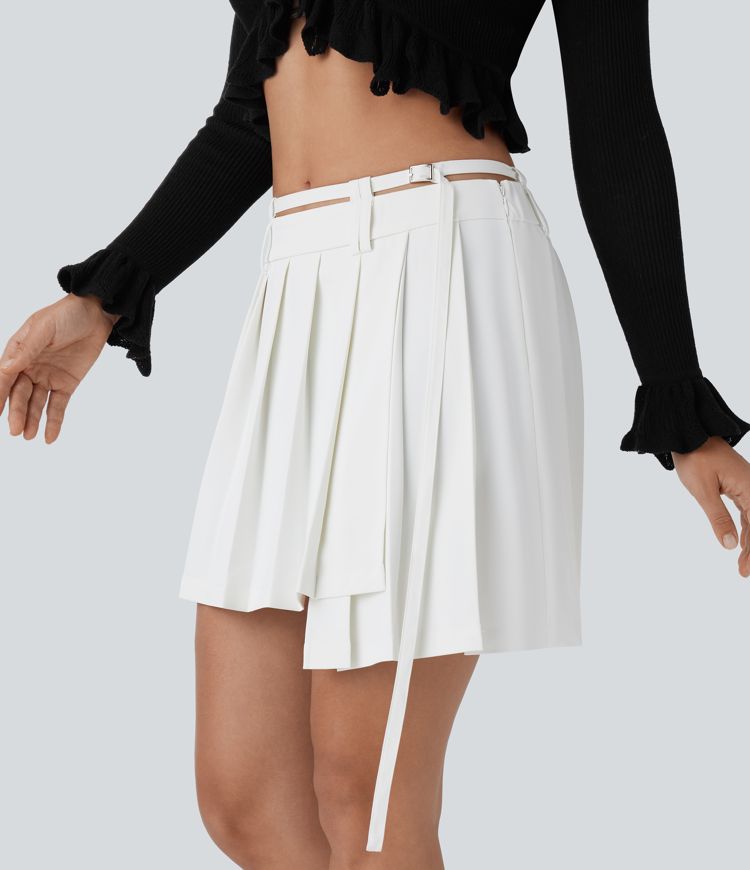 Jupe courte plissée asymétrique avec ceinture à taille moyenne