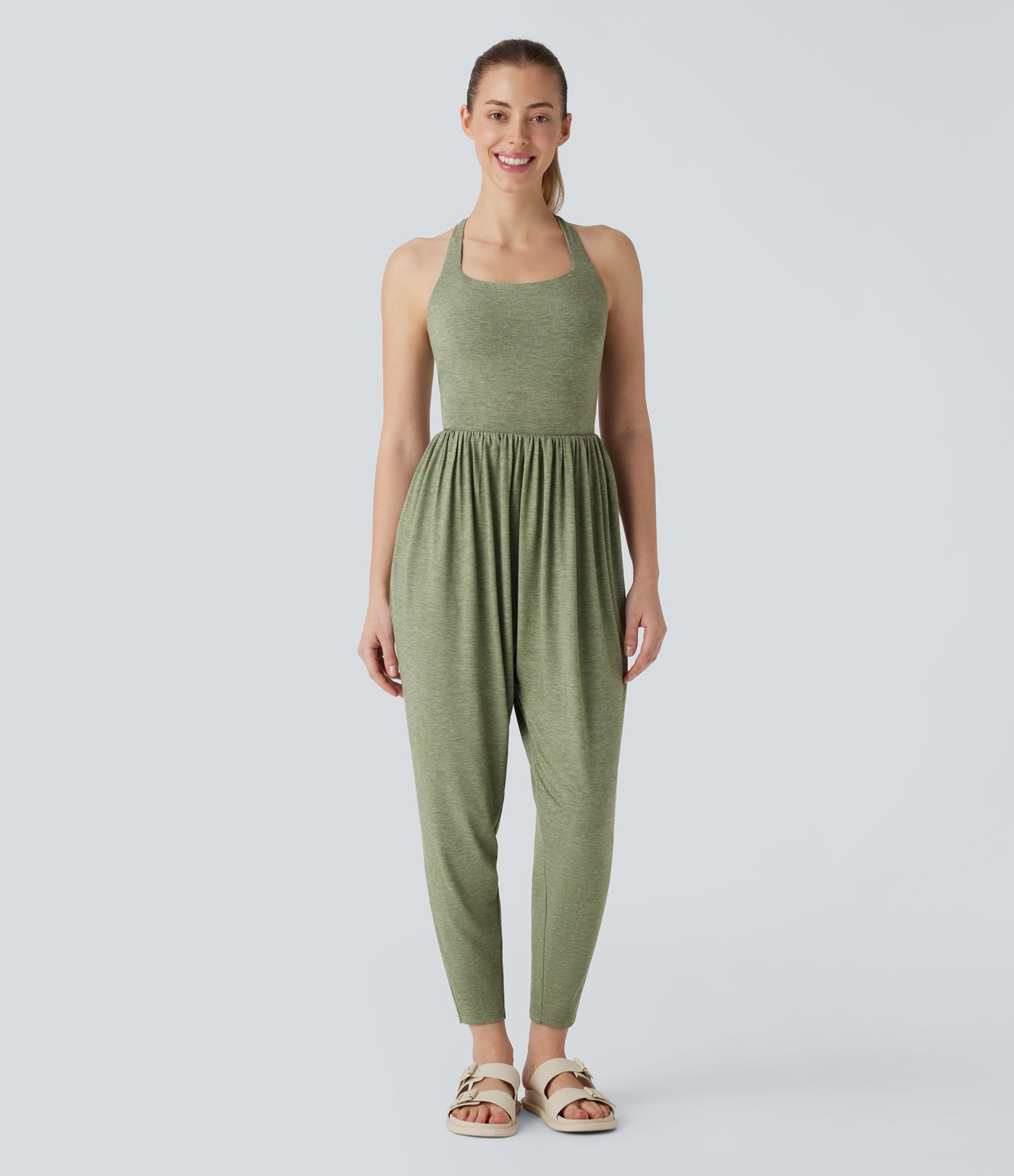 Backless Crisscross U Neck Side Pocket Harem Casual Jumpsuit-Easy Peezy