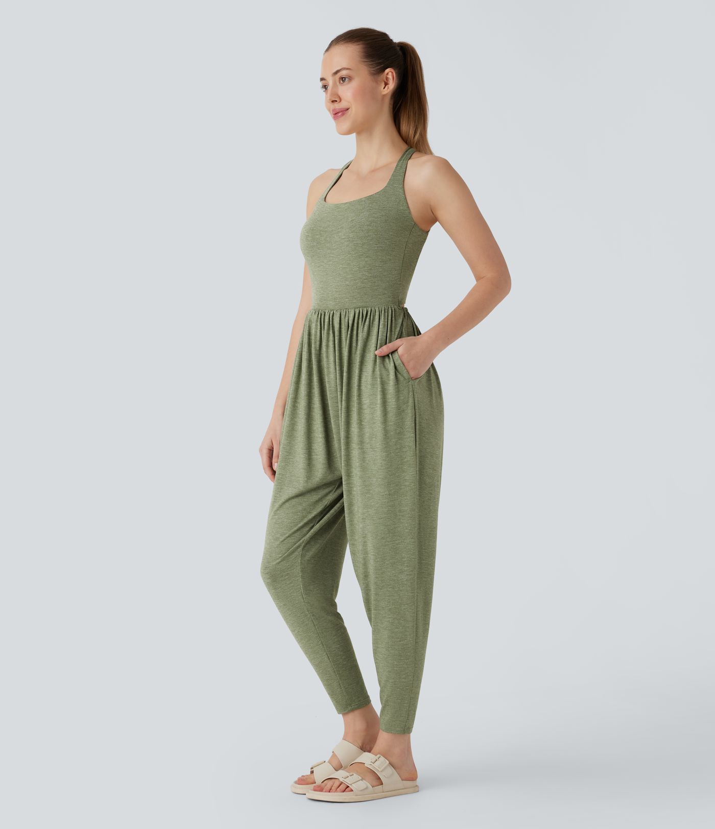 Backless Crisscross U Neck Side Pocket Harem Casual Jumpsuit-Easy Peezy