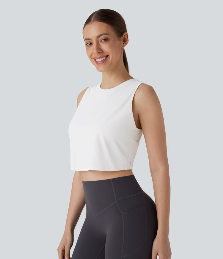 Cut Out Crossover Hem Solid Cropped Yoga Tank Top