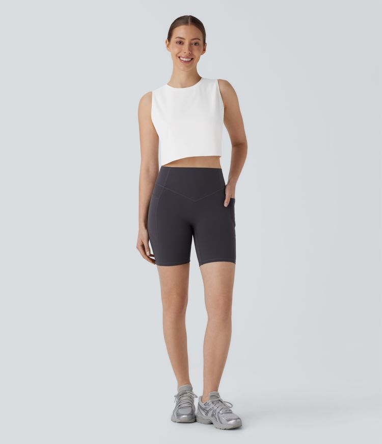 Cut Out Crossover Hem Solid Cropped Yoga Tank Top