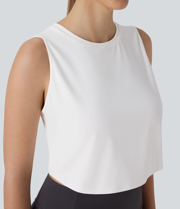 Cut Out Crossover Hem Solid Cropped Yoga Tank Top
