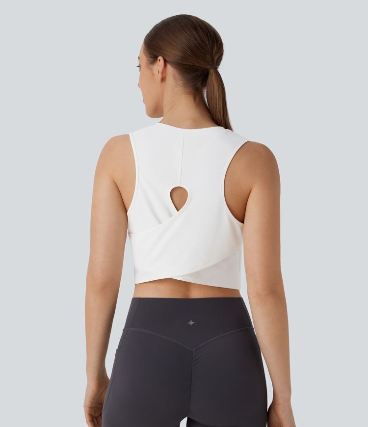 Cut Out Crossover Hem Solid Cropped Yoga Tank Top