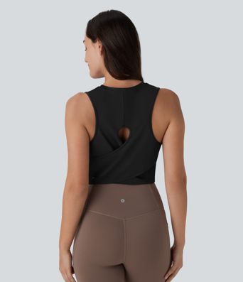 Ausgeschnittenes Crossover-Saum Einfarbiges Crop Yoga Tank Top