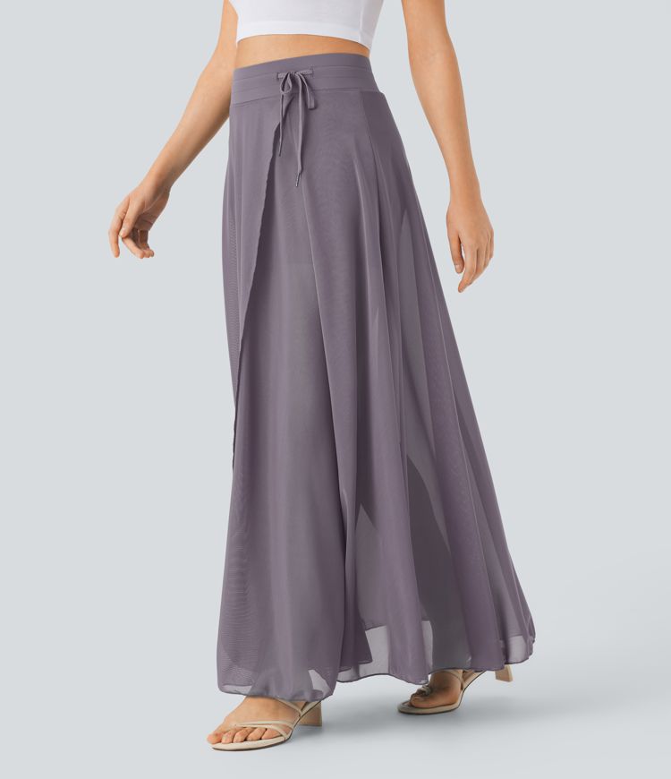 High Waisted Drawstring Contrast Mesh 2-in-1 Pocket Flowy Maxi Flare Casual Skirt