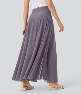 Fließender 2-in-1 Maxi-Flare-Freizeitrock mit hohem Bund, Seitentaschen und kontrastierendem Netzstoff Fließender 2-in-1 Maxi-Flare-Freizeitrock mit hohem Bund, Seitentaschen und kontrastierendem Netzstoff