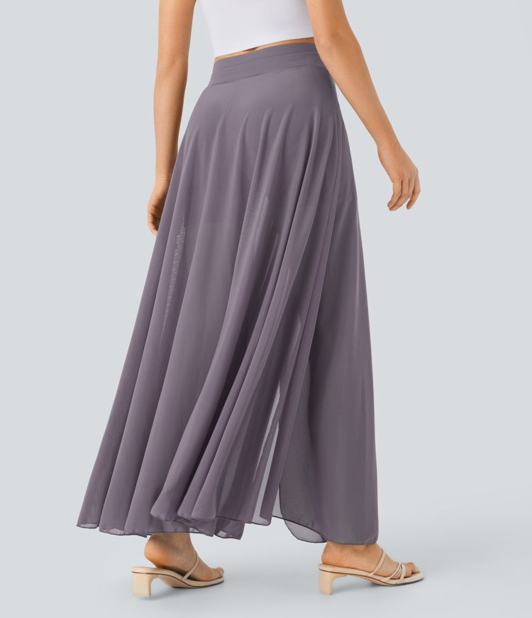 High Waisted Drawstring Contrast Mesh 2-in-1 Side Pocket Flowy Maxi Flare Casual Skirt