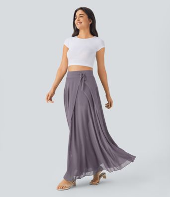 Fließender 2-in-1 Maxi-Flare-Freizeitrock mit hohem Bund, Seitentaschen und kontrastierendem Netzstoff Fließender 2-in-1 Maxi-Flare-Freizeitrock mit hohem Bund, Seitentaschen und kontrastierendem Netzstoff