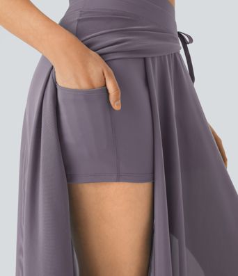 Fließender 2-in-1 Maxi-Flare-Freizeitrock mit hohem Bund, Seitentaschen und kontrastierendem Netzstoff Fließender 2-in-1 Maxi-Flare-Freizeitrock mit hohem Bund, Seitentaschen und kontrastierendem Netzstoff