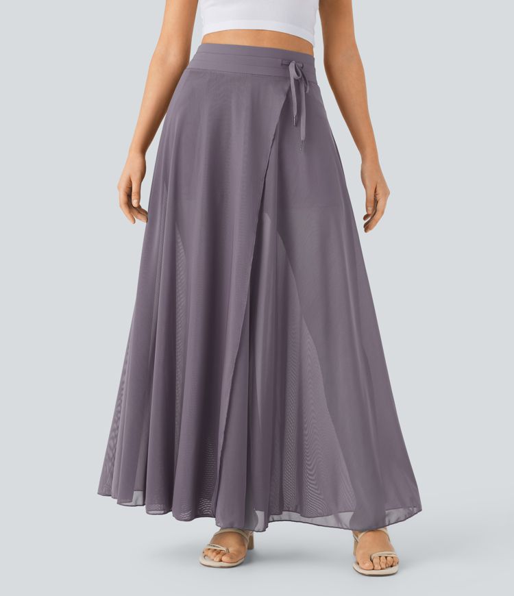 High Waisted Drawstring Contrast Mesh 2-in-1 Side Pocket Flowy Maxi Flare Casual Skirt