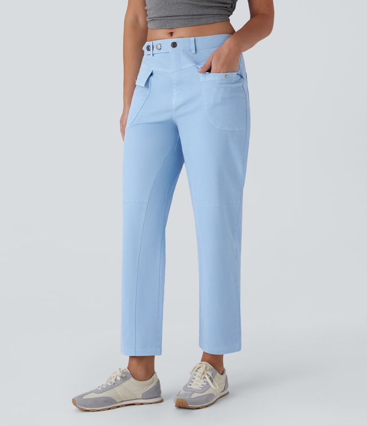 Mid Rise Straight Leg Cargo Casual Cotton Pants with Pockets