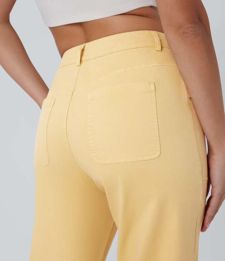 Mid Rise Straight Leg Cargo Casual Cotton Pants with Pockets