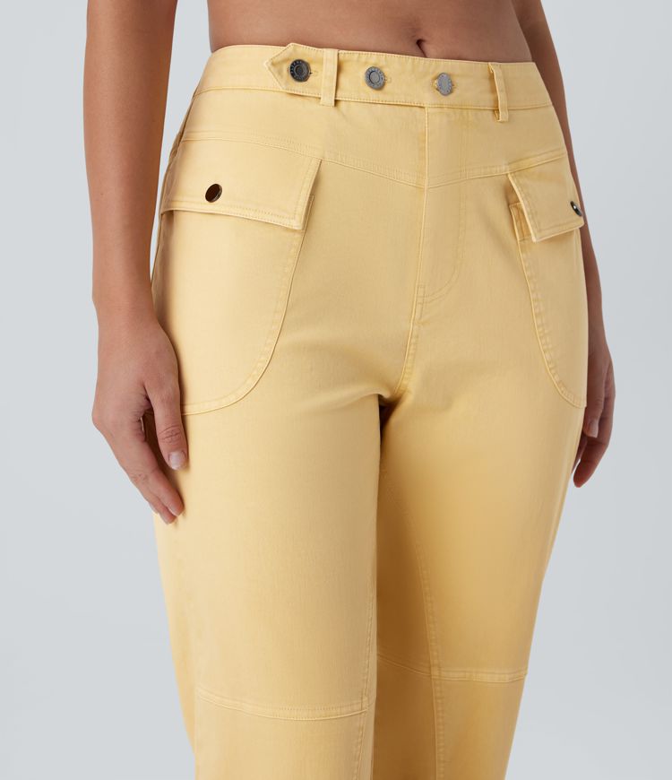 Mid Rise Straight Leg Cargo Casual Cotton Pants with Pockets