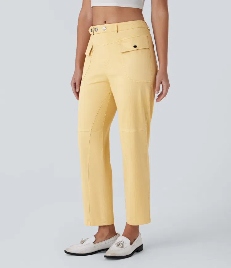 Mid Rise Straight Leg Cargo Casual Cotton Pants with Pockets