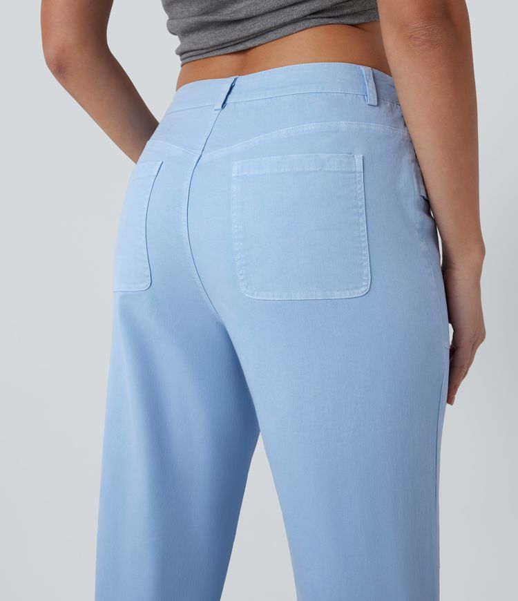 Mid Rise Straight Leg Cargo Casual Cotton Pants with Pockets