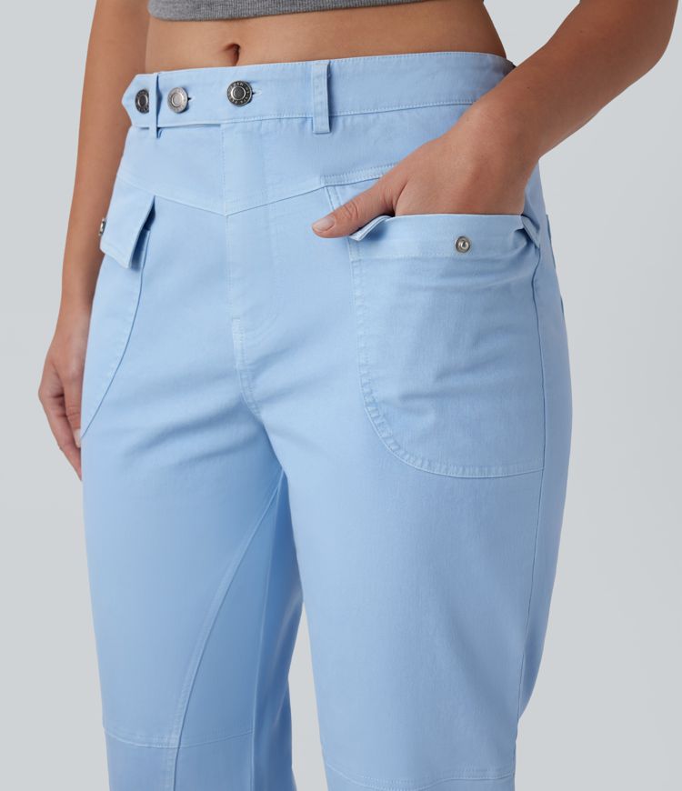 Mid Rise Straight Leg Cargo Casual Cotton Pants with Pockets