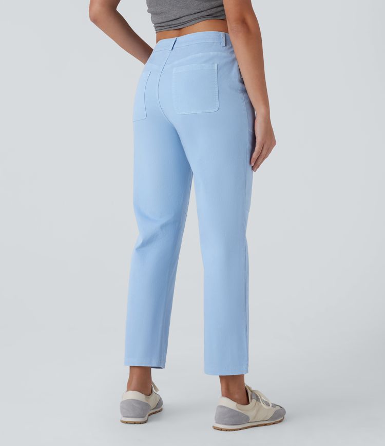 Mid Rise Straight Leg Cargo Casual Cotton Pants with Pockets