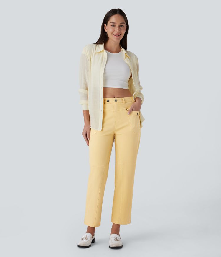 Mid Rise Straight Leg Cargo Casual Cotton Pants with Pockets