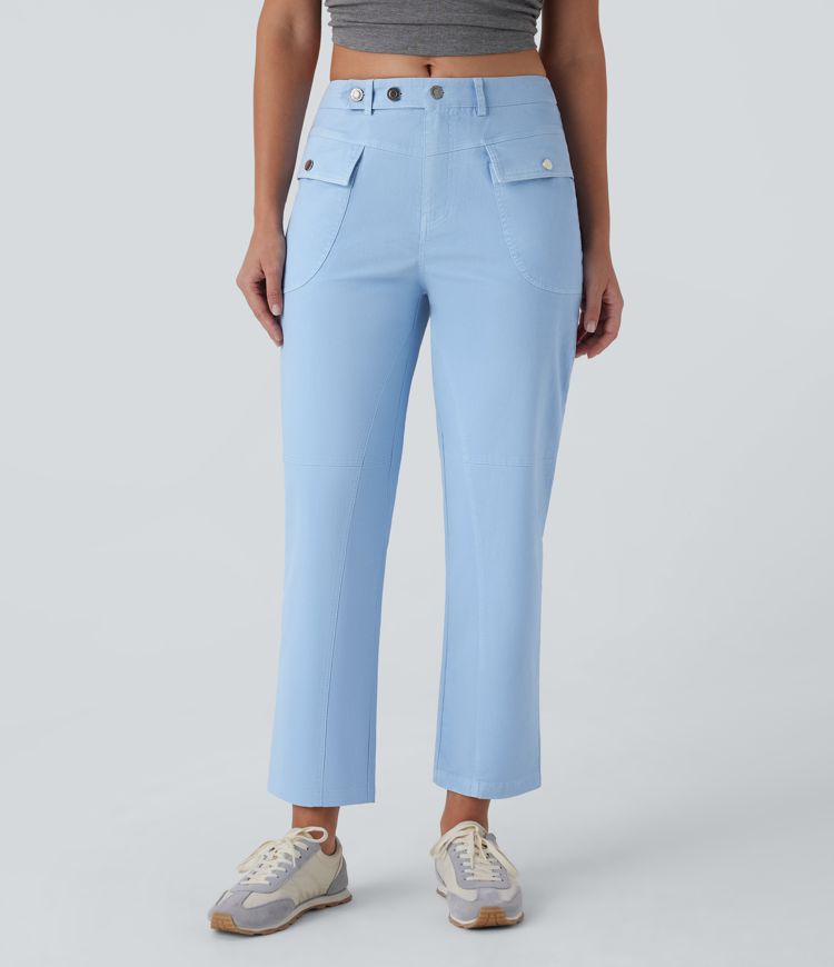 Mid Rise Straight Leg Cargo Casual Cotton Pants with Pockets