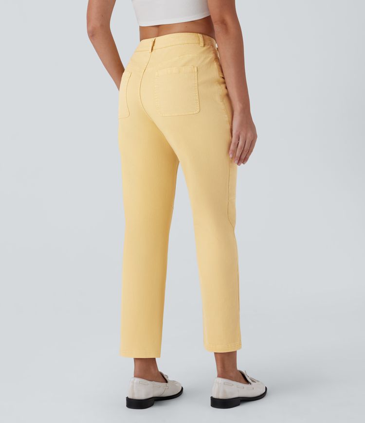 Mid Rise Straight Leg Cargo Casual Cotton Pants with Pockets