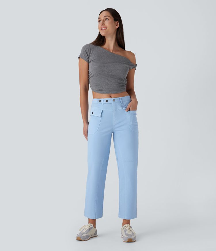 Mid Rise Straight Leg Cargo Casual Cotton Pants with Pockets