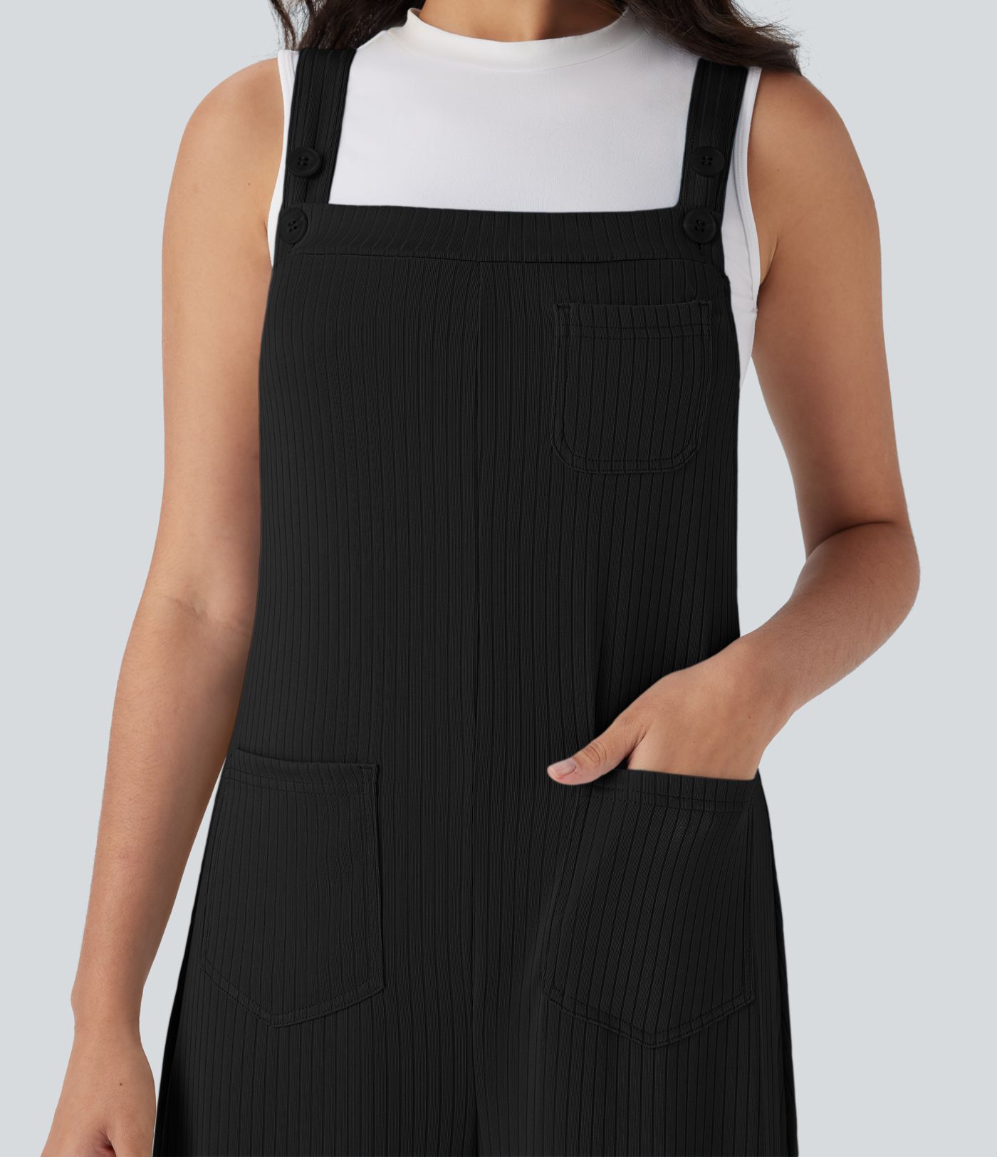Ribbed Knit Pockets Wide Leg Casual Overalls