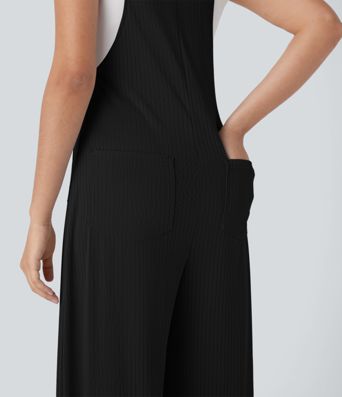 Ribbed Knit Pockets Wide Leg Casual Overalls