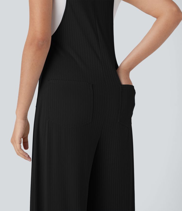 Ribbed Knit Pockets Wide Leg Casual Overalls