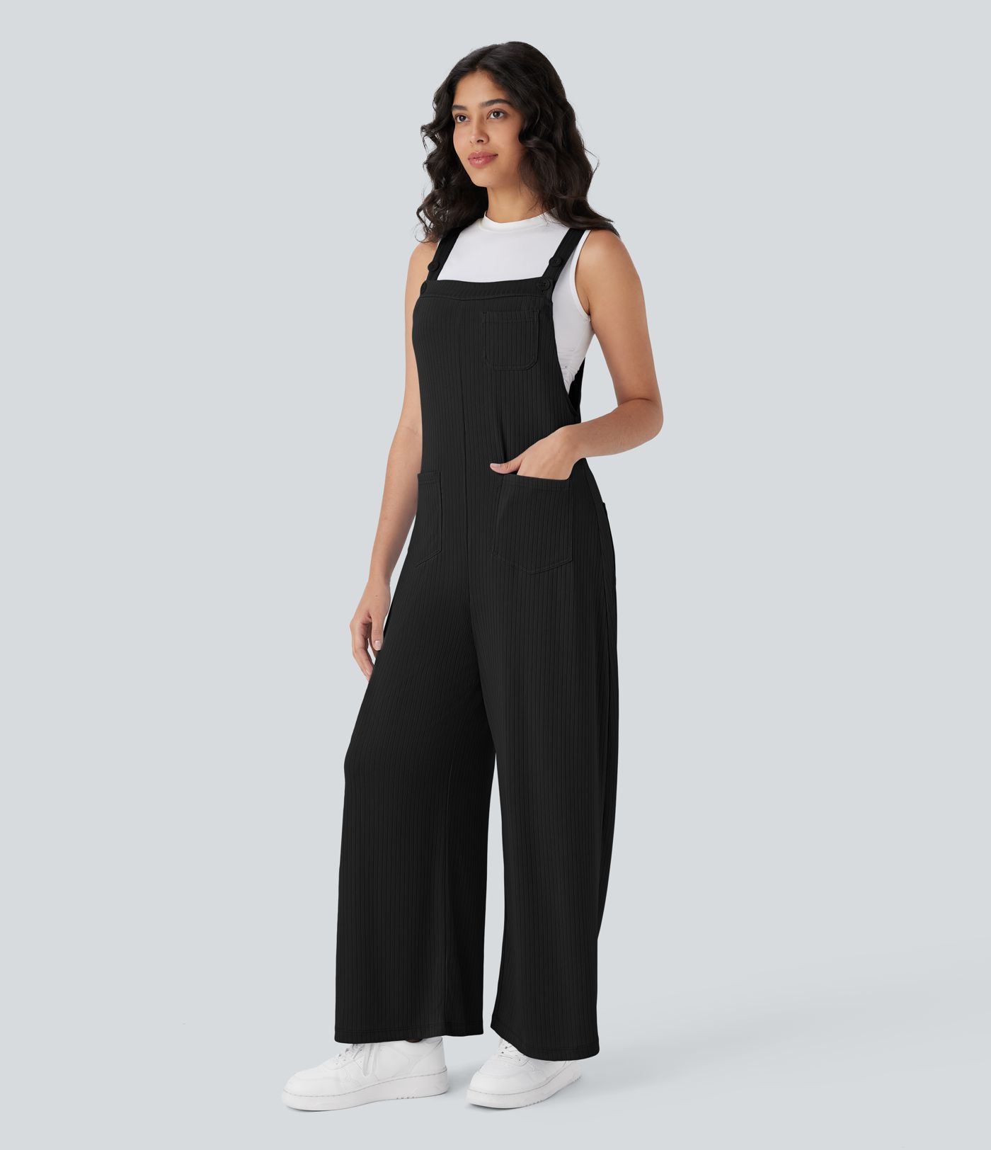 Ribbed Knit Pockets Wide Leg Casual Overalls