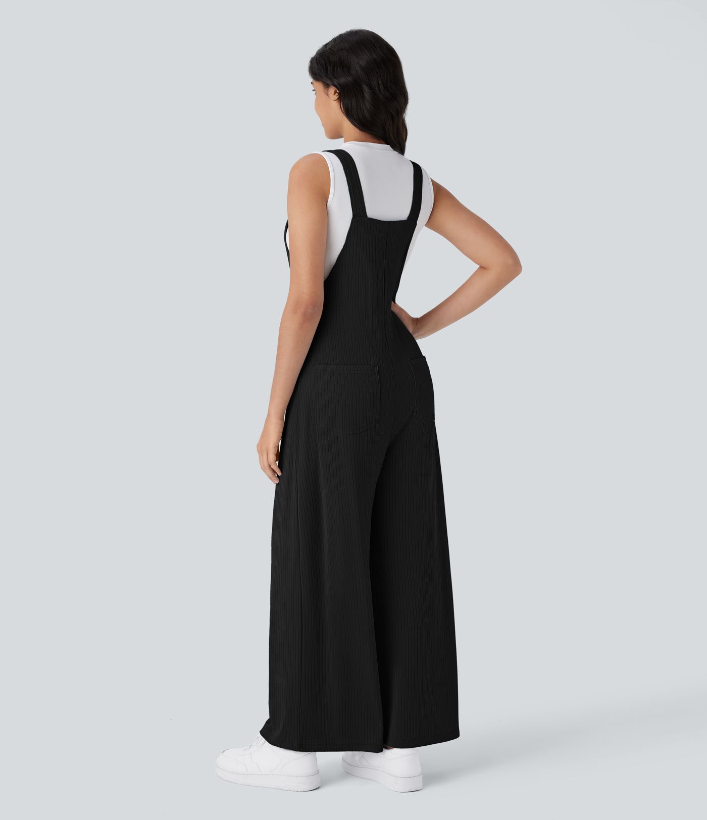 Ribbed Knit Pockets Wide Leg Casual Overalls