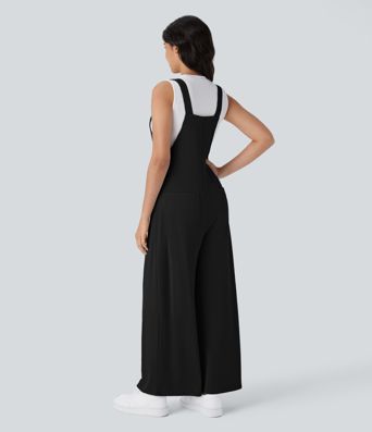 Ribbed Knit Pockets Wide Leg Casual Overalls