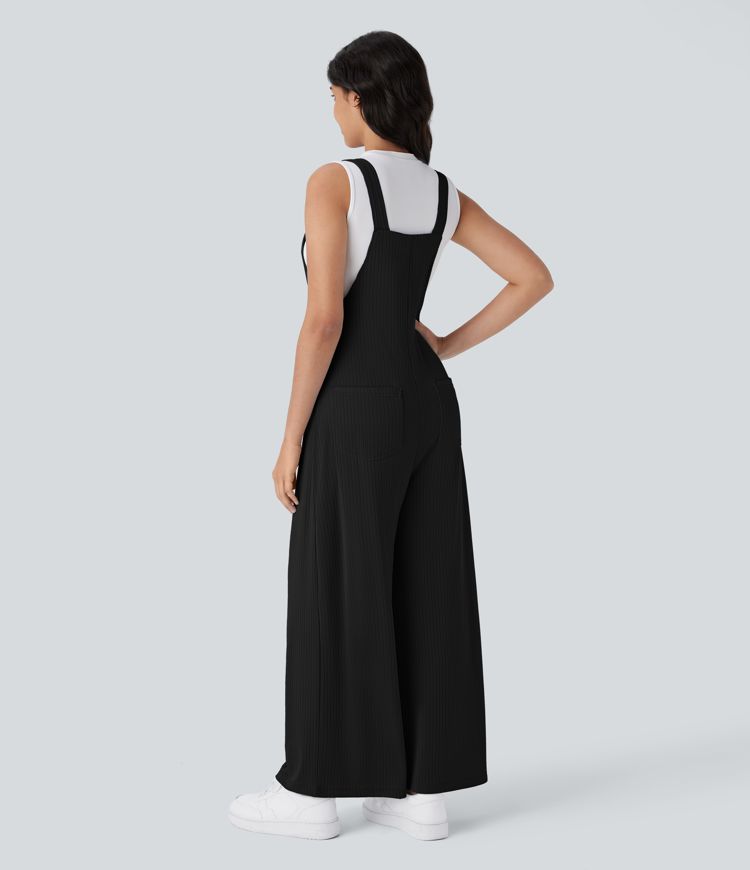 Ribbed Knit Pockets Wide Leg Casual Overalls