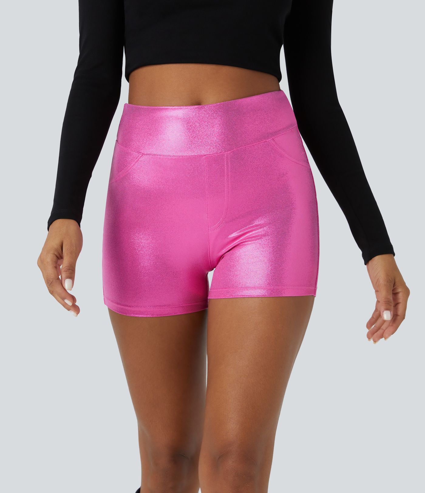 Pantalón corto Softlyzero™ Faux motociclista elástico bolsillo lateral trasero tiro alto piel sintética estampado metalizado 7.5cm