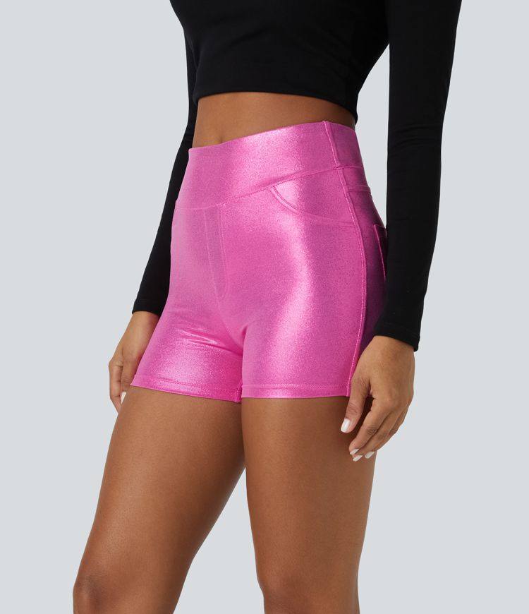 Softlyzero™ Short 7,5cm de Biker Décontractés en Similicuir à Taille Haute avec Poches Latérales Arrière Imprimé Métallique en Relief Extensible 