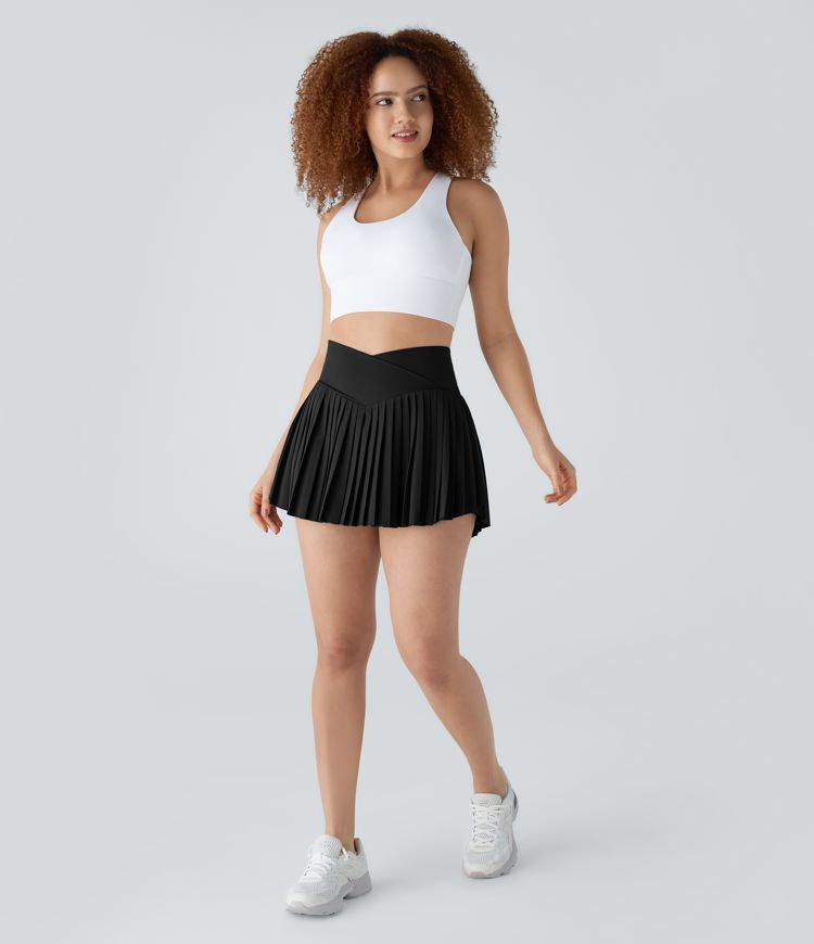 Breezeful™ Jupe de Tennis Mini à Séchage Rapide avec Taille Haute Croisée Plissée 2-en-1 et Poches Latérales