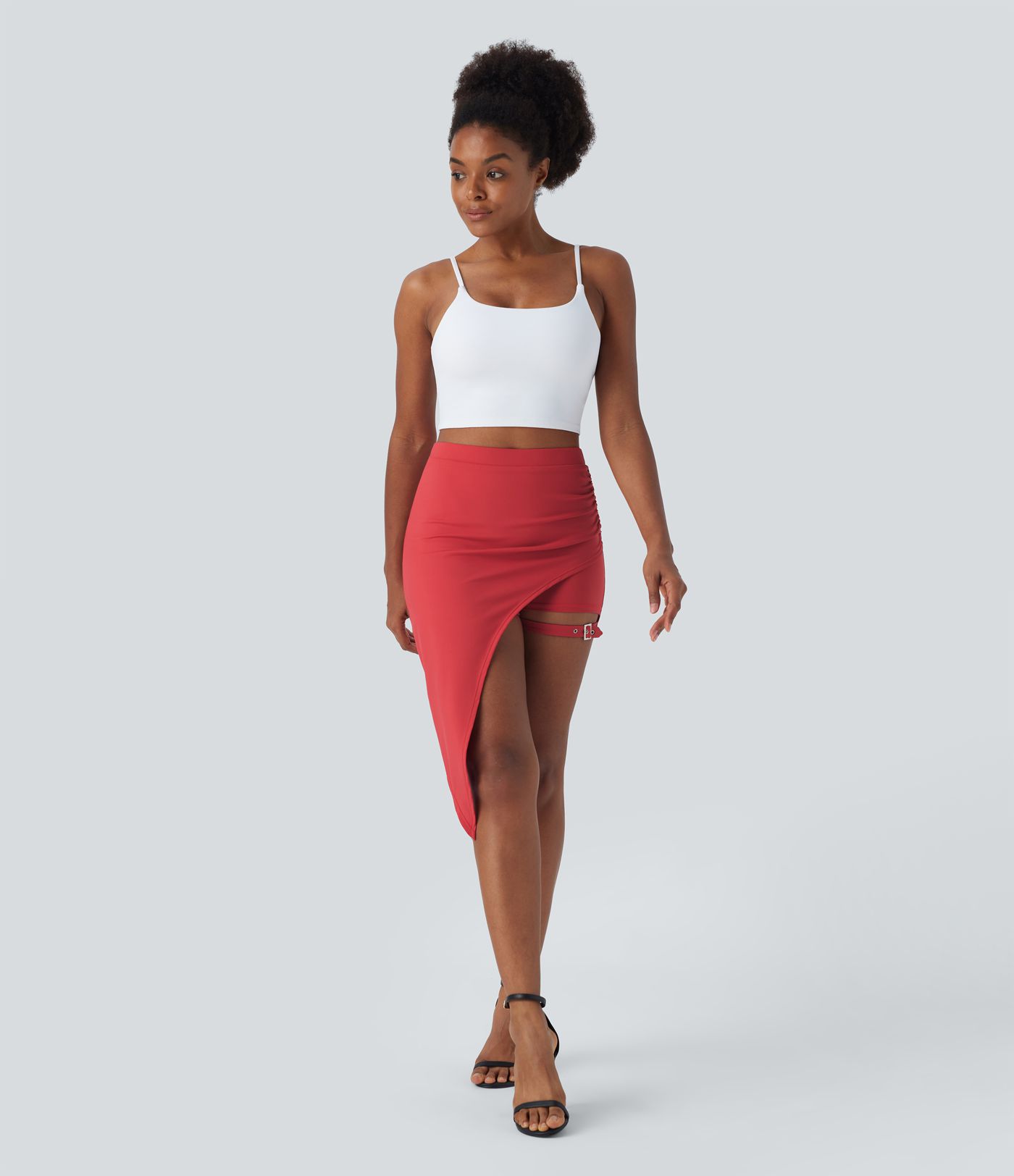 High Waisted Ruched Adjustable Buckle 2-in-1 Side Pocket High Low Dance Skirt