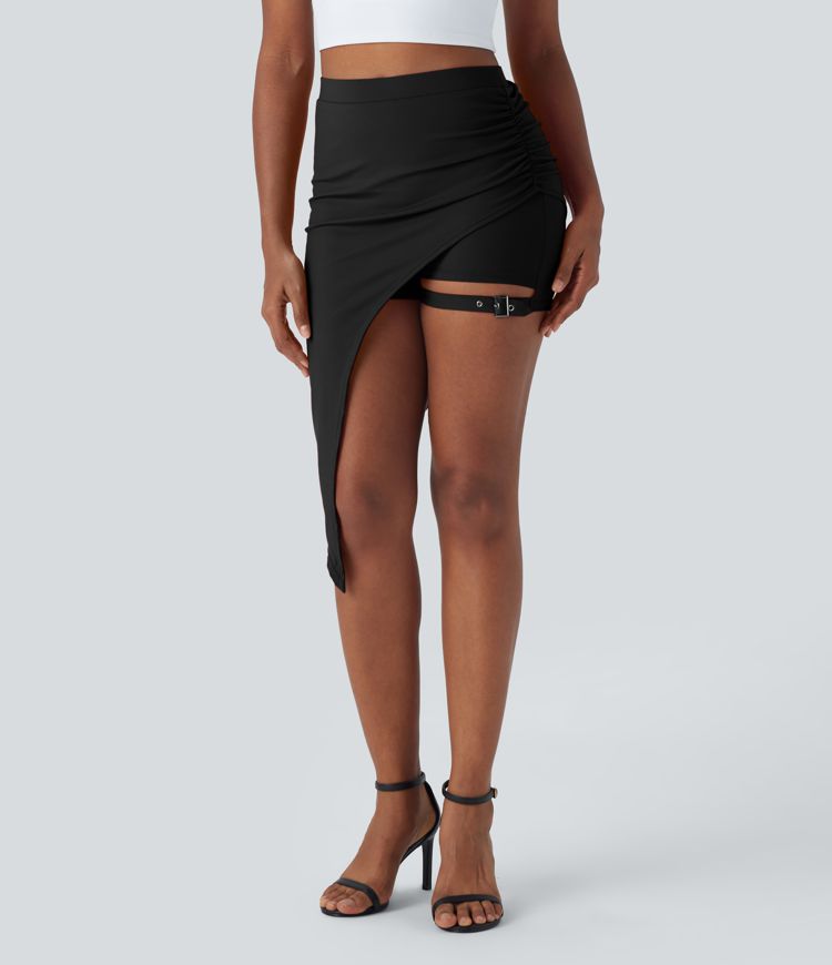 High Waisted Ruched Adjustable Buckle 2-in-1 Pocket High Low Dance Skirt