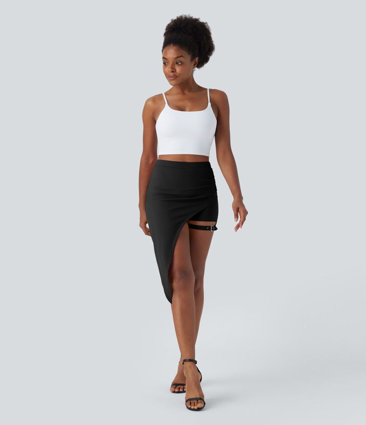 High Waisted Ruched Adjustable Buckle 2-in-1 Pocket High Low Dance Skirt