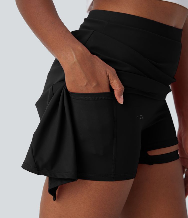 High Waisted Ruched Adjustable Buckle 2-in-1 Pocket High Low Dance Skirt