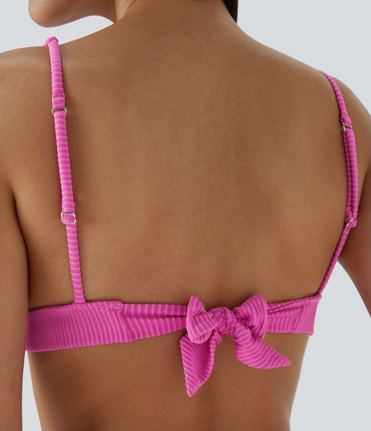 Ribbed Deep V Neck Tie Back Bikini Top Swimsuit