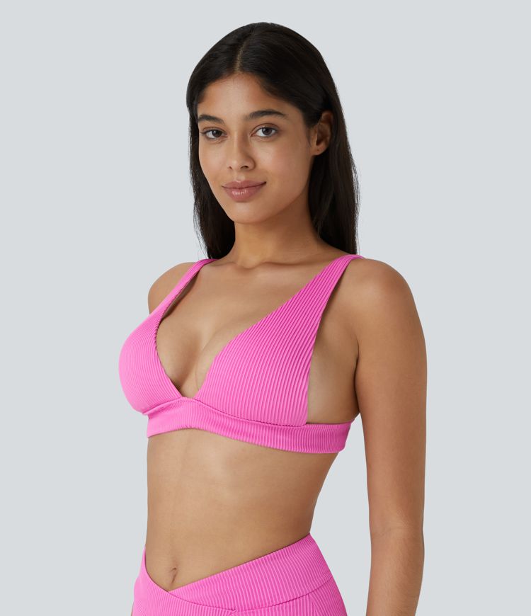 Ribbed Deep V Neck Tie Back Bikini Top Swimsuit