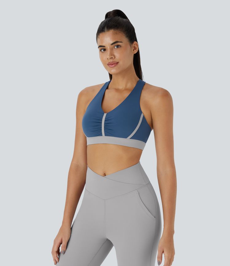 Softlyzero™ Plush Sujetador deportivo yoga bloque de color fruncido sin espalda sujeción ligera