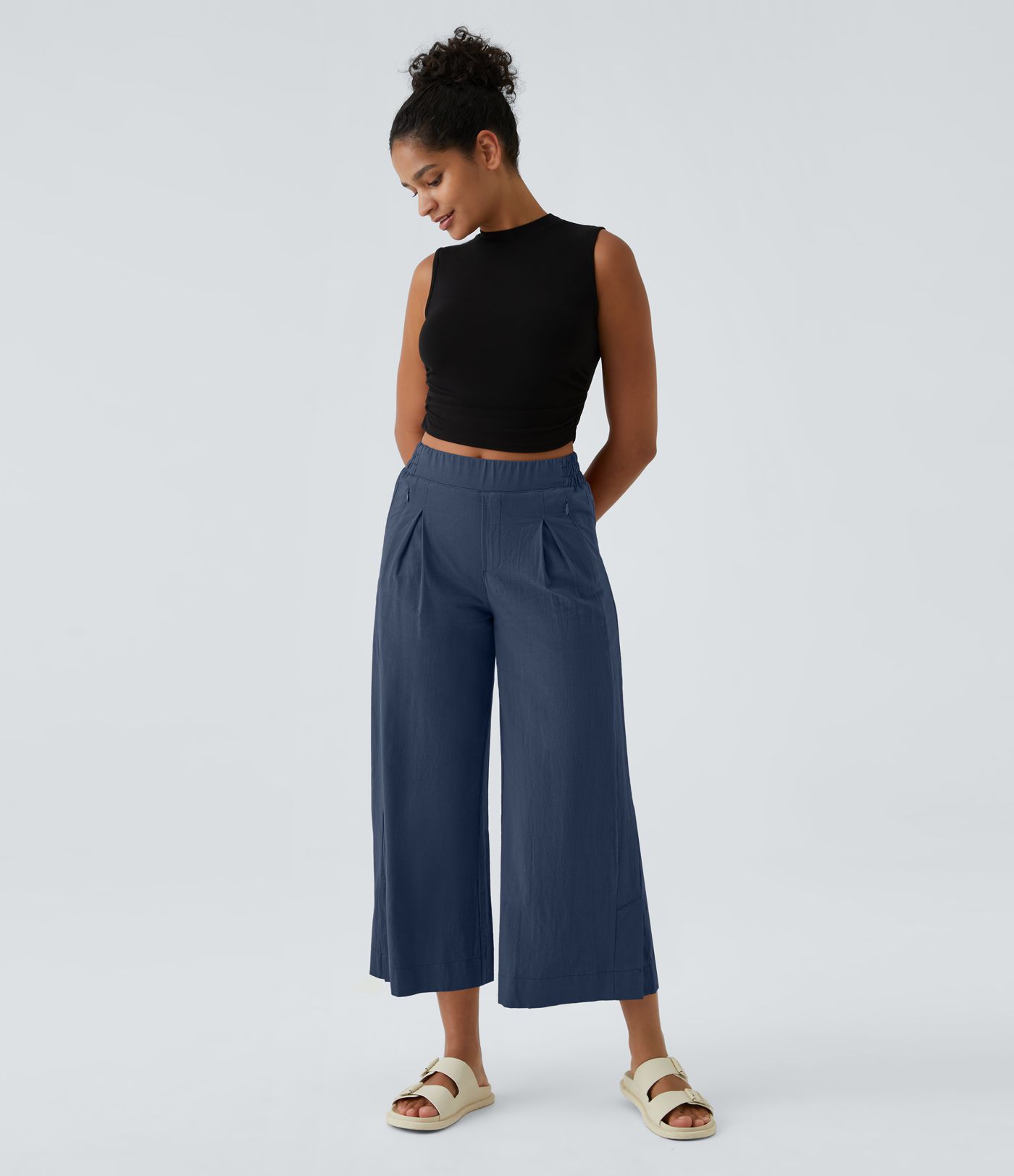 High Waisted Pockets Hem Wide Leg Palazzo Capri Casual Linen-Feel Pants