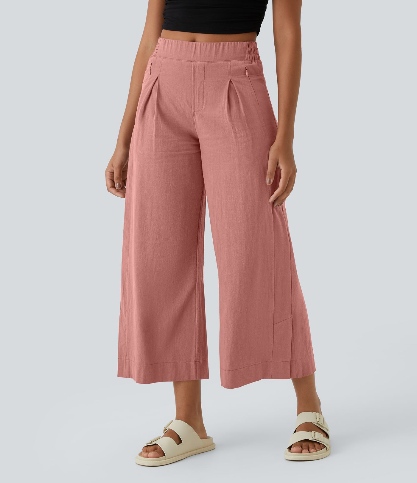 Pantalón capri palazzo lino tiro alto pliegue múltiple bolsillo dobladillo dividido pierna ancha