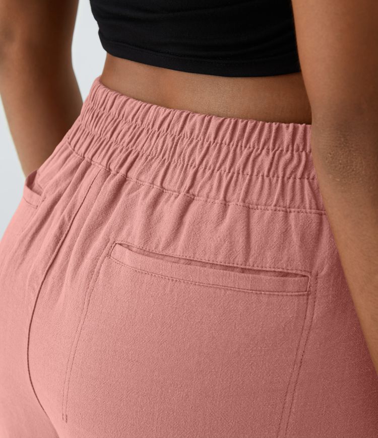 Pantalón capri palazzo lino tiro alto pliegue múltiple bolsillo dobladillo dividido pierna ancha