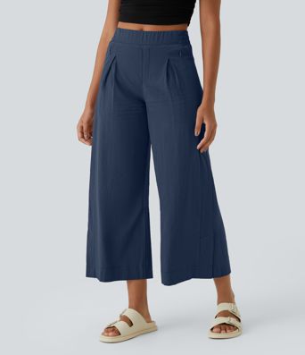 High Waisted Pockets Hem Wide Leg Palazzo Capri Casual Linen-Feel Pants