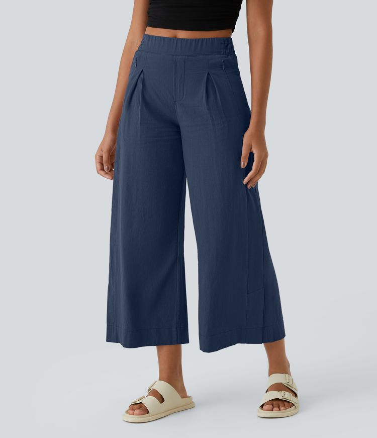 High Waisted Pockets Hem Wide Leg Palazzo Capri Casual Linen-Feel Pants
