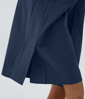 High Waisted Pockets Hem Wide Leg Palazzo Capri Casual Linen-Feel Pants